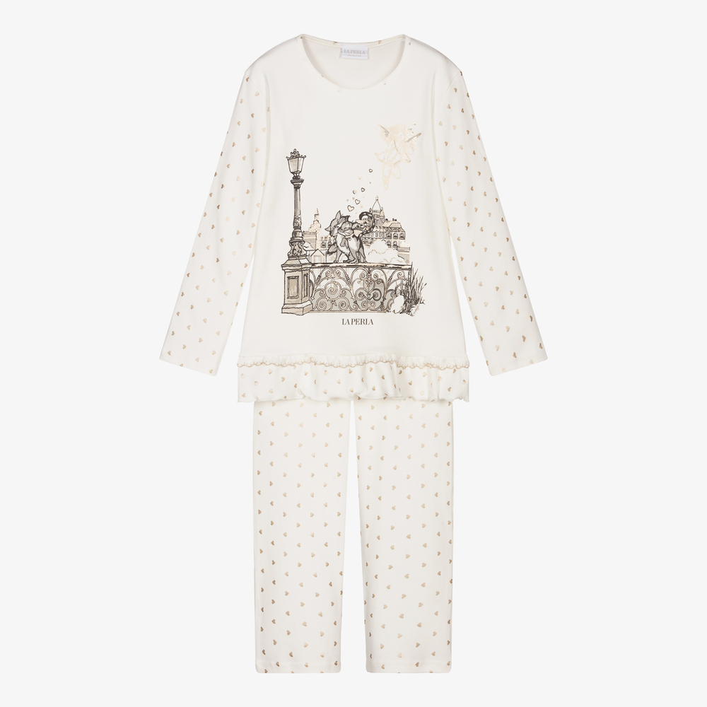 La Perla - Elfenbeinfarbener Baumwoll-Schlafanzug mit Herzen | Childrensalon