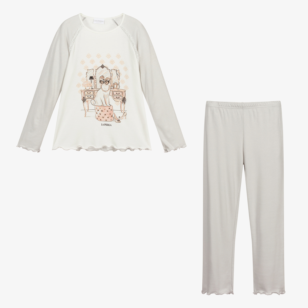 لا بيرلا-بيجاما مودال جيرسي لون عاجي ورمادي للبنات | Childrensalon Outlet