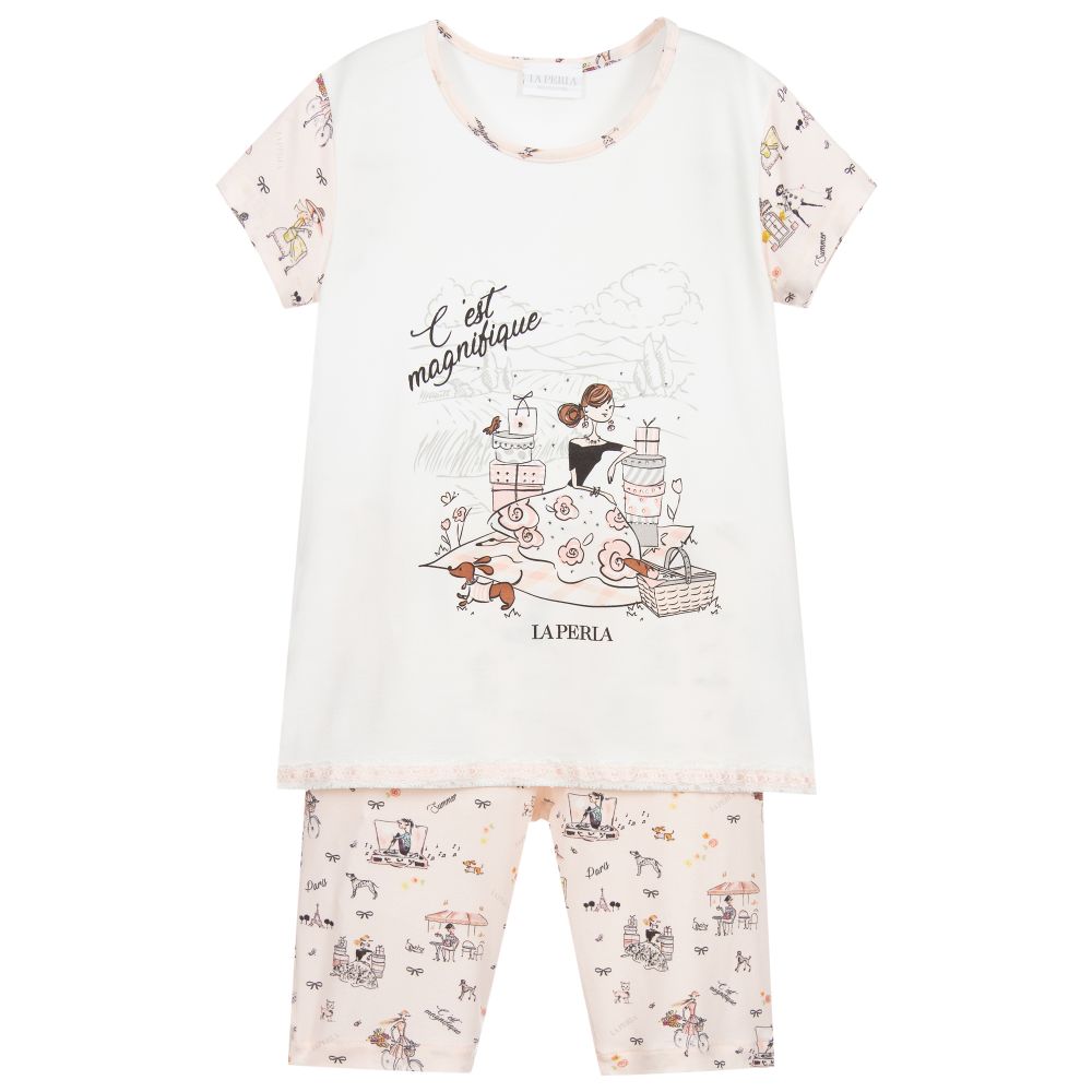 La Perla - Modal-Pyjama in Elfenbein und Pink | Childrensalon