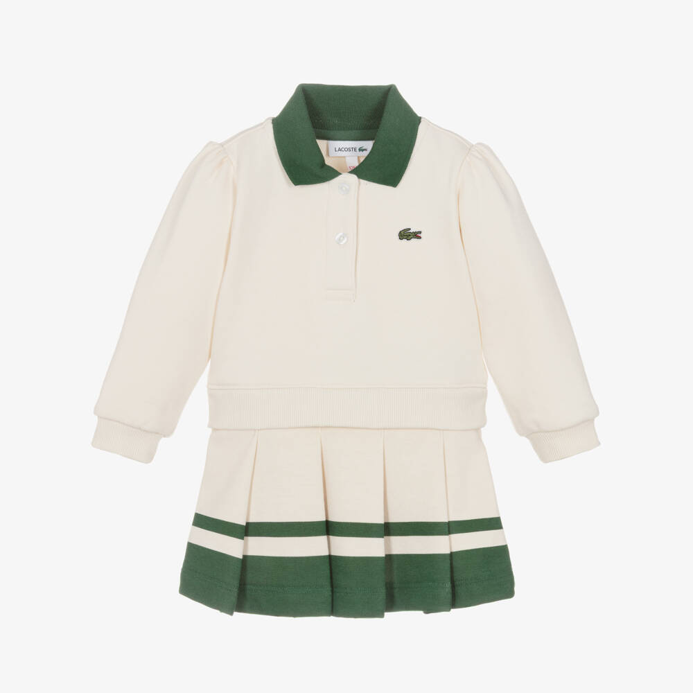 Lacoste-Baby Girls Ivory Cotton Dress with Green Trims | Childrensalon Outlet