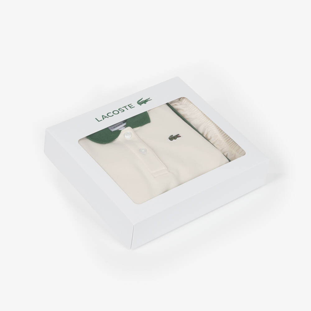 Lacoste-Baby Girls Ivory Cotton Dress with Green Trims | Childrensalon Outlet