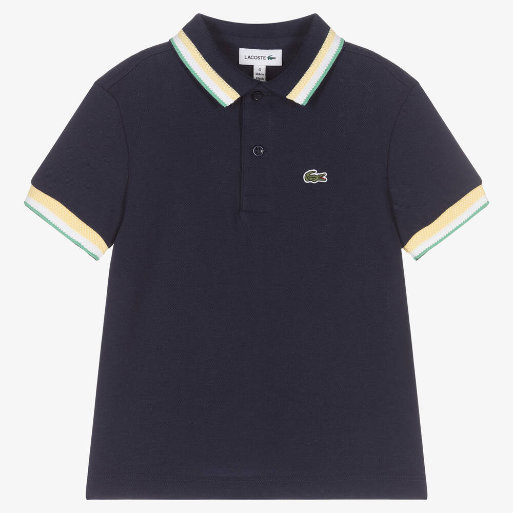 Lacoste - Boys Blue Tricolour Collar Polo Shirt | Childrensalon