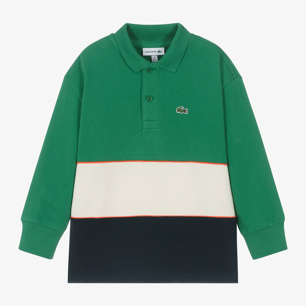 Lacoste - Boys Green Cotton Colourblock Polo Top | Childrensalon
