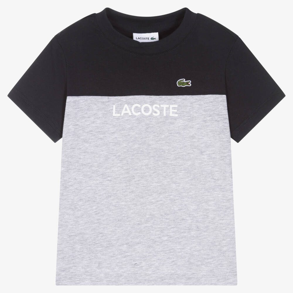 Lacoste-Boys Grey & Navy Blue Cotton T-Shirt | Childrensalon Outlet