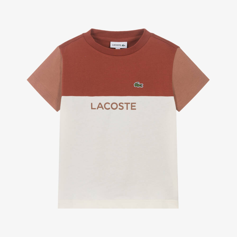 Lacoste-Boys Ivory & Brown Block Tee | Childrensalon Outlet