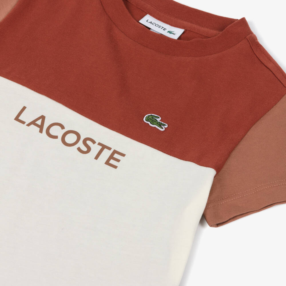 Lacoste-Boys Ivory & Brown Block Tee | Childrensalon Outlet