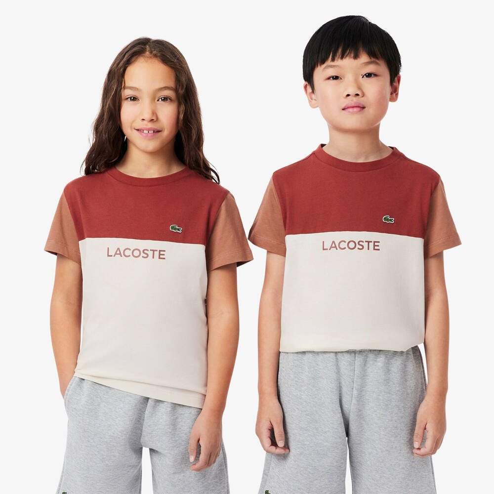 Lacoste-Boys Ivory & Brown Block Tee | Childrensalon Outlet