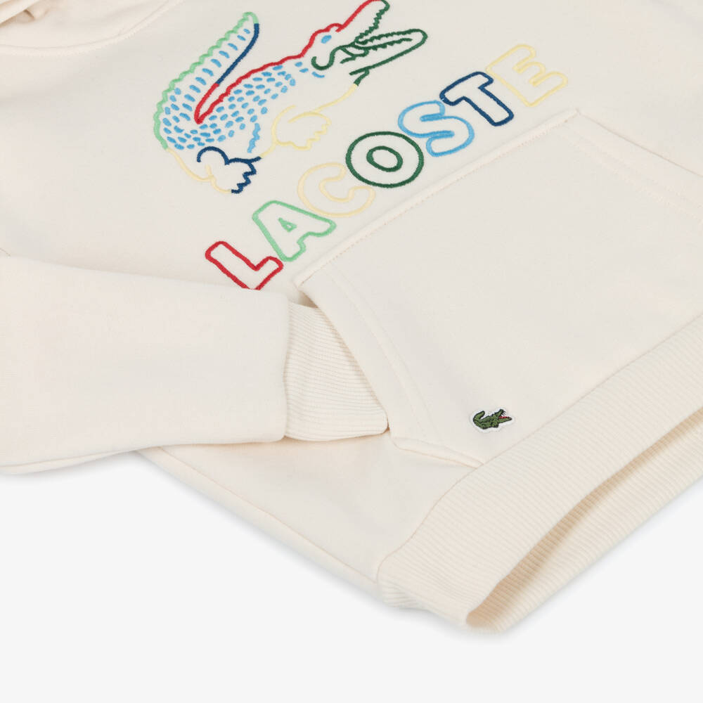 Lacoste-Boys Ivory Hoodie with Multicoloured Logo | Childrensalon Outlet