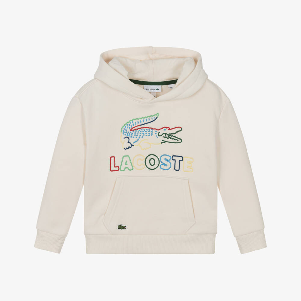 Lacoste-Boys Ivory Hoodie with Multicoloured Logo | Childrensalon Outlet
