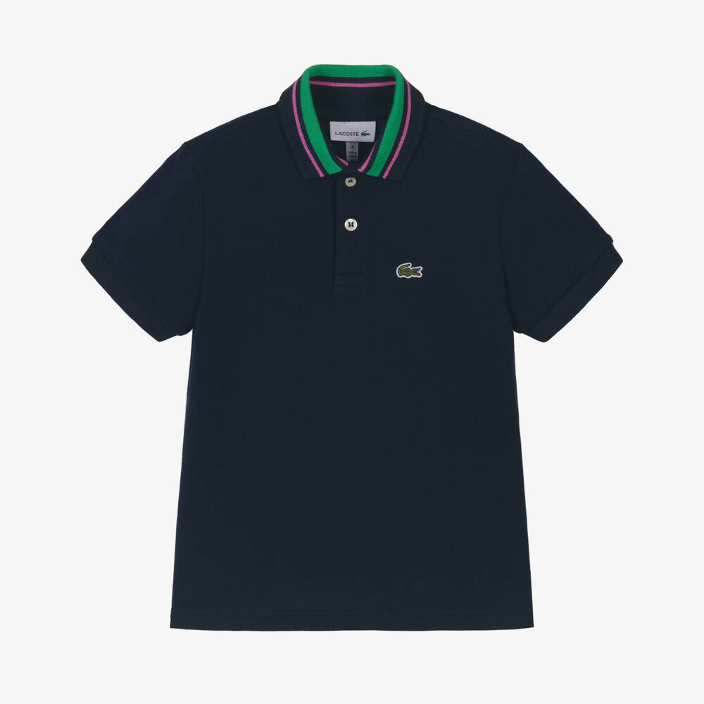 Lacoste-Boys Stylish Navy Polo with Striped Collar | Childrensalon Outlet
