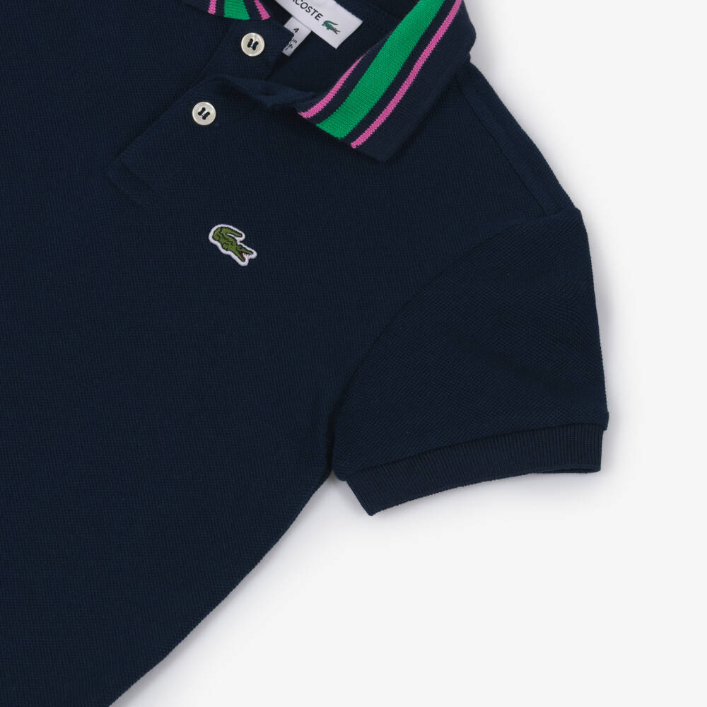 Lacoste-Boys Stylish Navy Polo with Striped Collar | Childrensalon Outlet