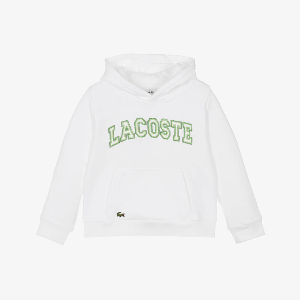 Lacoste-Boys White Cotton Hoodie with Green Embroidered Logo | Childrensalon Outlet