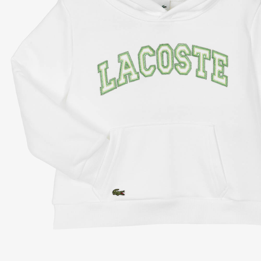 Lacoste-Boys White Cotton Hoodie with Green Embroidered Logo | Childrensalon Outlet