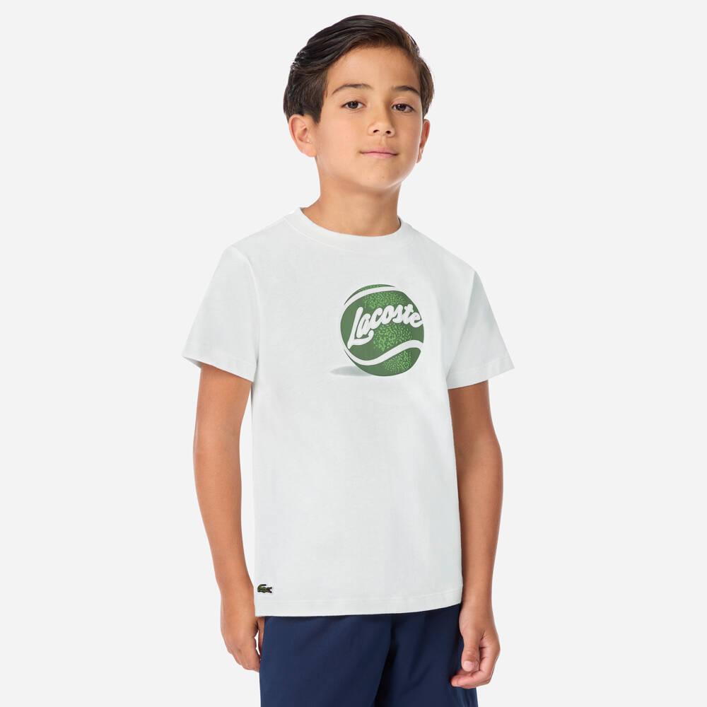 Lacoste-Boys White Cotton T-Shirt with Tennis Ball Logo | Childrensalon Outlet
