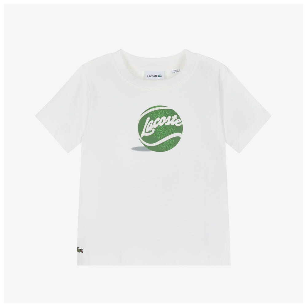 Lacoste-Boys White Cotton T-Shirt with Tennis Ball Logo | Childrensalon Outlet