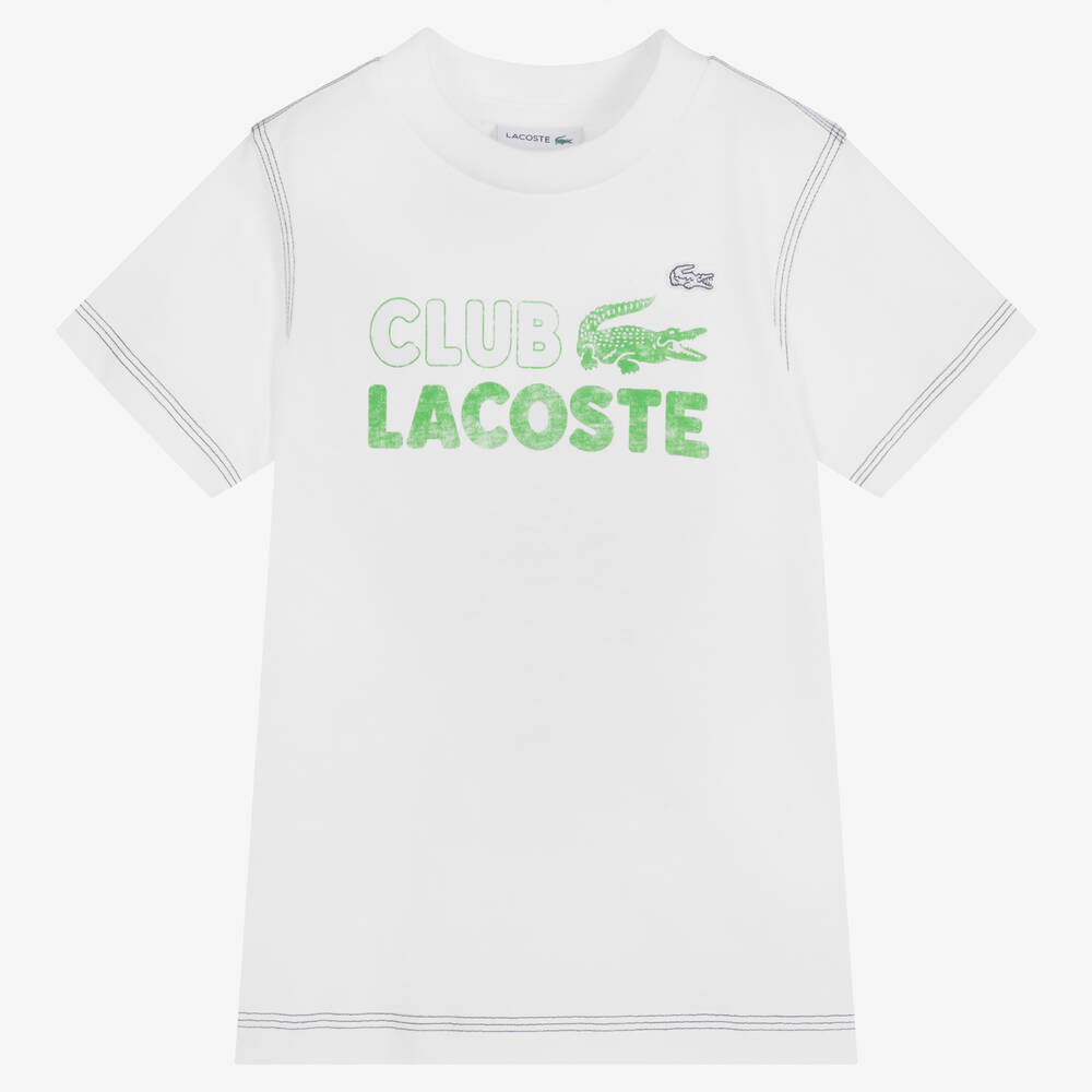 Lacoste - Boys White & Green Cotton Logo T-Shirt | Childrensalon