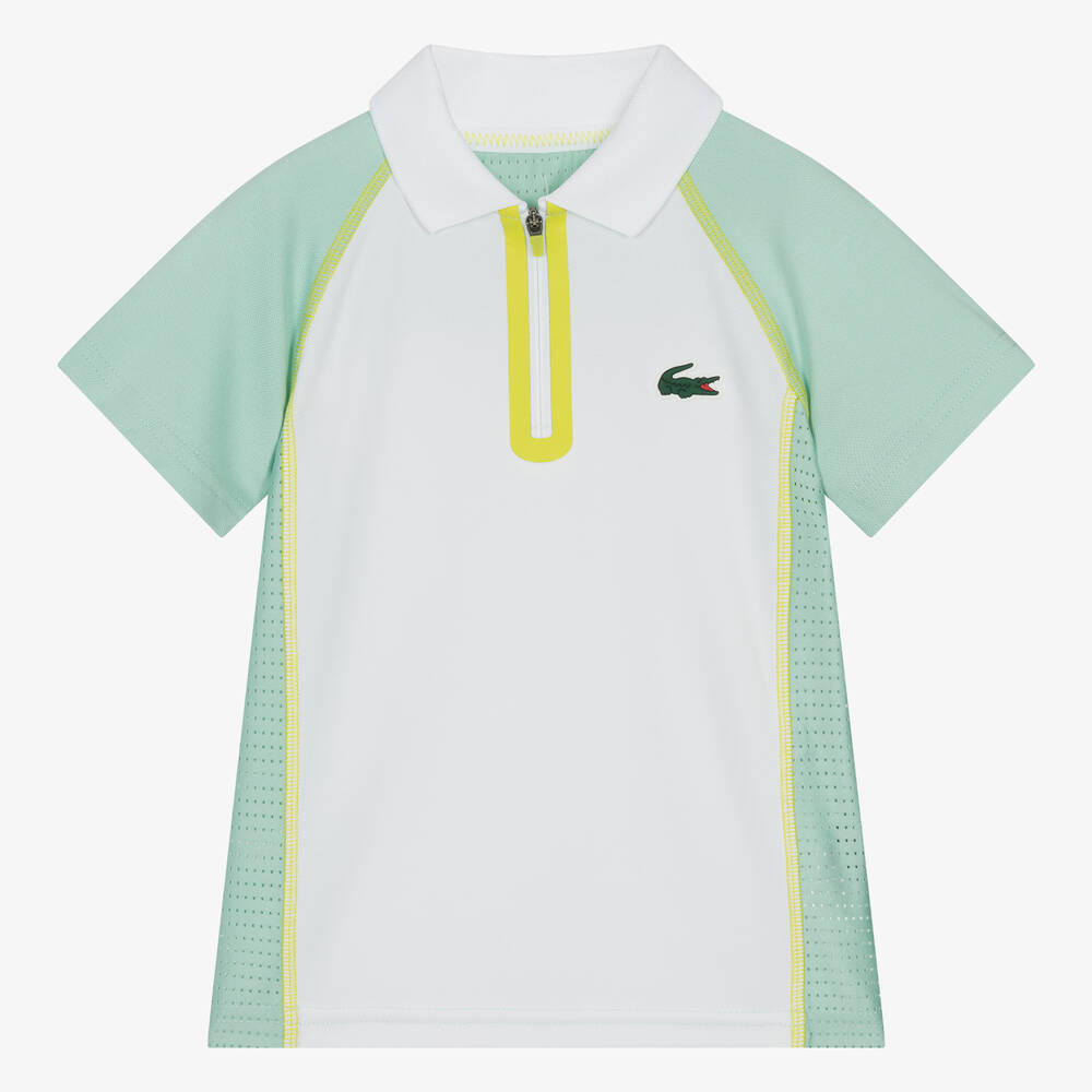 Lacoste - Boys White & Green Sports Polo Shirt | Childrensalon