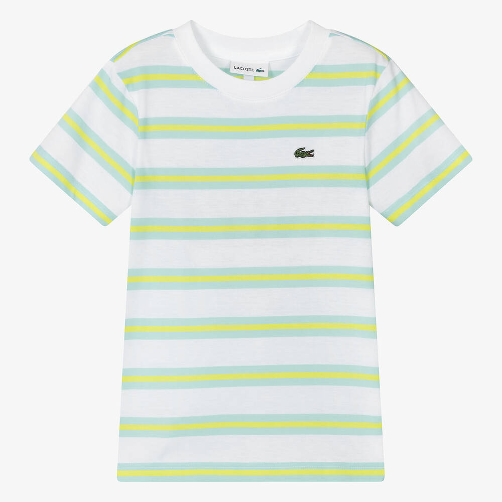 Lacoste - Boys White & Green Striped Cotton T-Shirt | Childrensalon