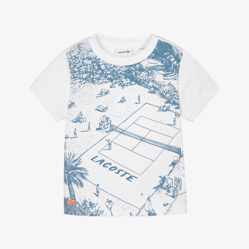 Lacoste-Boys White Organic Cotton Tennis Court & Logo Print T-Shirt | Childrensalon Outlet