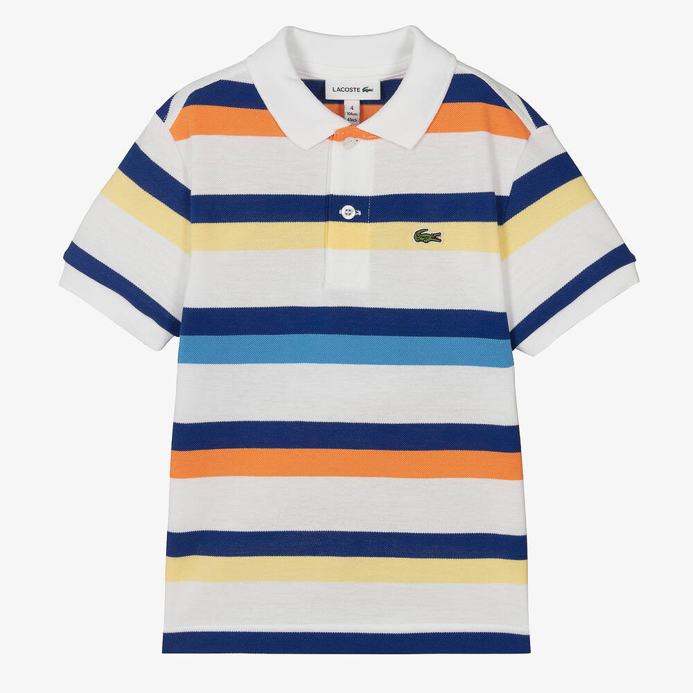 Lacoste - Boys White Striped Cotton Piqué Polo Shirt | Childrensalon