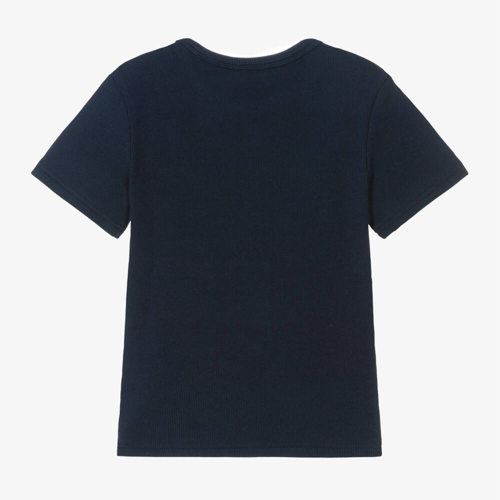 Lacoste-Girls Blue Ribbed Cotton Tee | Childrensalon Outlet