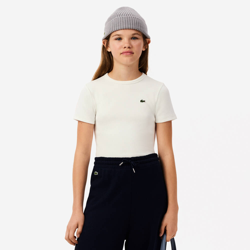 Lacoste-Girls Ivory Ribbed Cotton Tee | Childrensalon Outlet