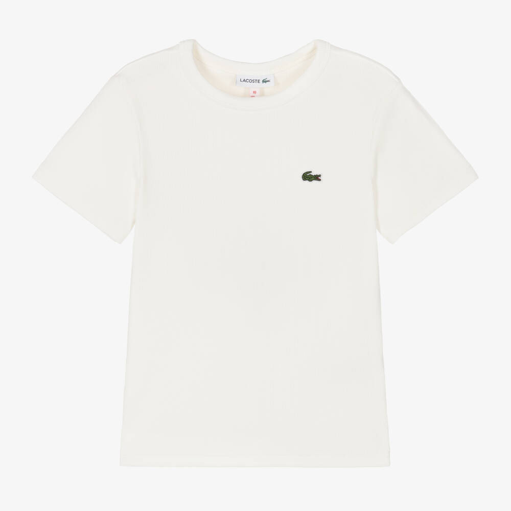 Lacoste-تي شيرت قطن مضلع لون أبيض للبنات | Childrensalon Outlet