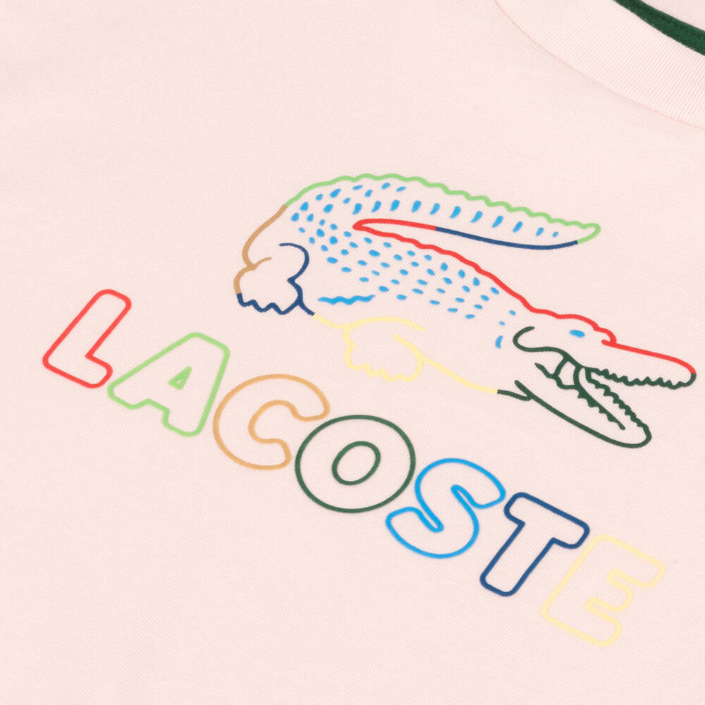 Lacoste-Girls Pale Pink Cotton T-Shirt with Colourful Logo | Childrensalon Outlet