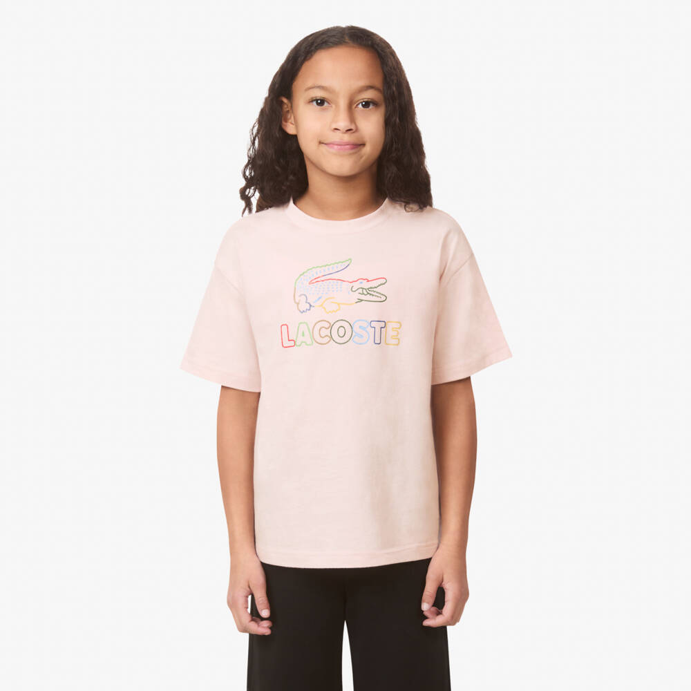 Lacoste-Girls Pale Pink Cotton T-Shirt with Colourful Logo | Childrensalon Outlet