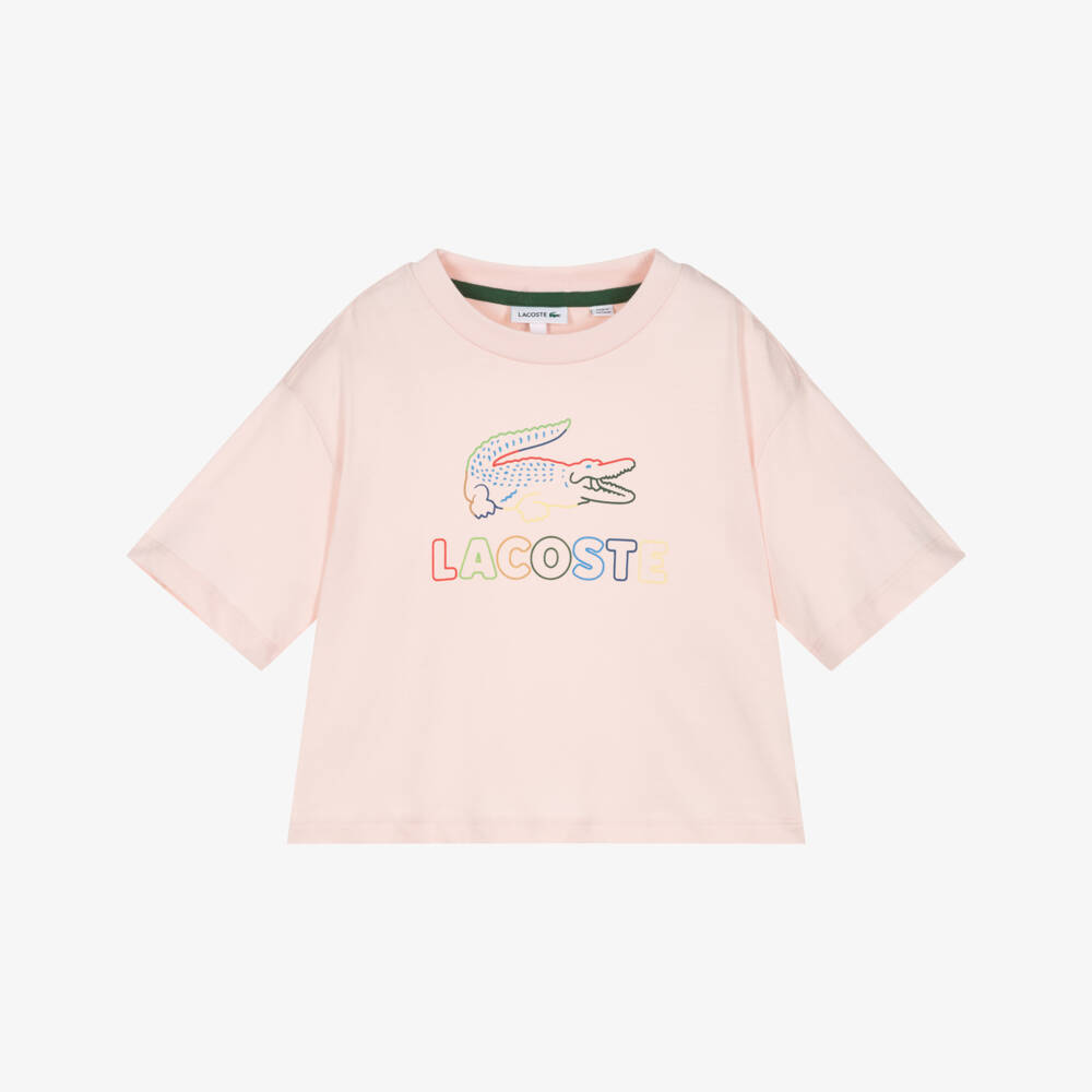 Lacoste-Girls Pale Pink Cotton T-Shirt with Colourful Logo | Childrensalon Outlet