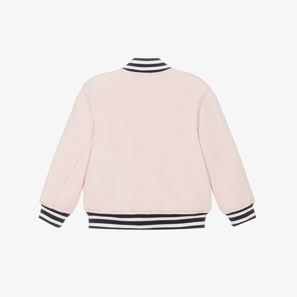 Lacoste-Girls Pink Bomber Jacket with Blue Striped Trims | Childrensalon Outlet