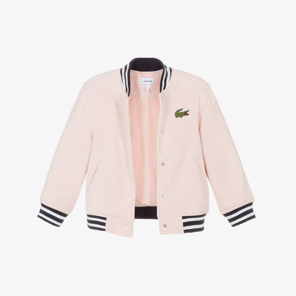 Lacoste-Girls Pink Bomber Jacket with Blue Striped Trims | Childrensalon Outlet