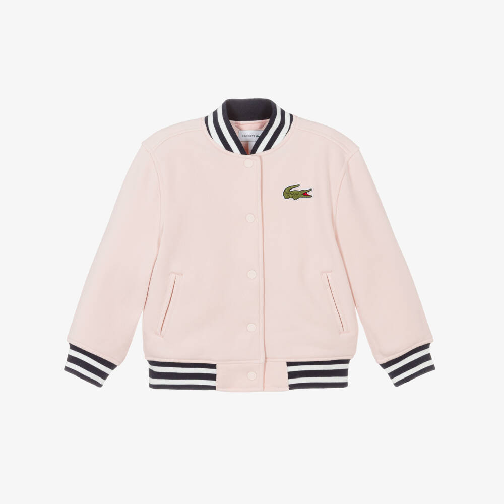 Lacoste-Girls Pink Bomber Jacket with Blue Striped Trims | Childrensalon Outlet