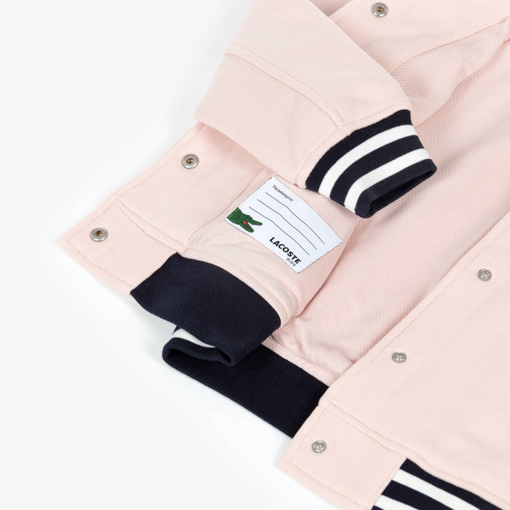 Lacoste-Girls Pink Bomber Jacket with Blue Striped Trims | Childrensalon Outlet