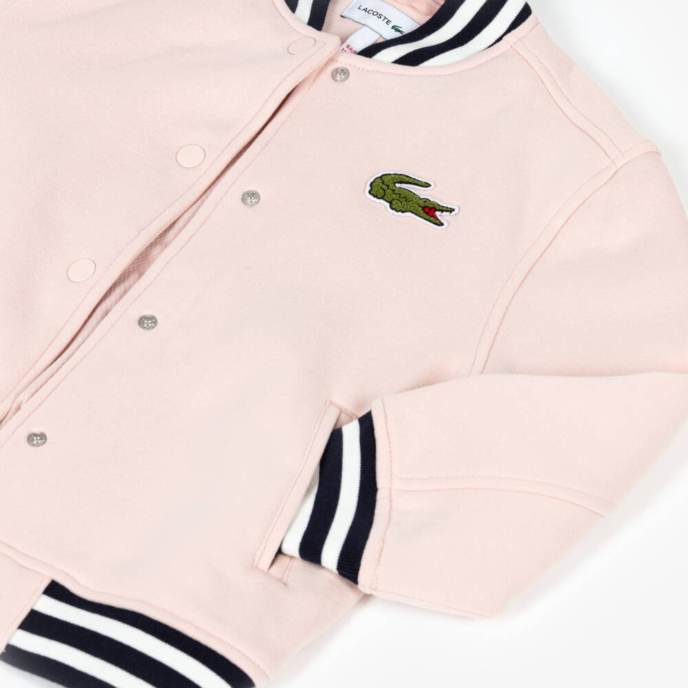 Lacoste-Girls Pink Bomber Jacket with Blue Striped Trims | Childrensalon Outlet