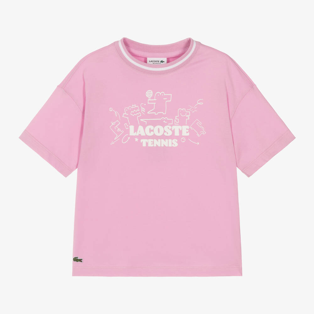 Lacoste-Girls Pink Cotton Tennis Crocodile T-Shirt | Childrensalon Outlet