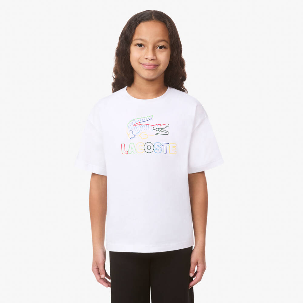 Lacoste-Girls White Cotton T-Shirt with Colourful Logo | Childrensalon Outlet