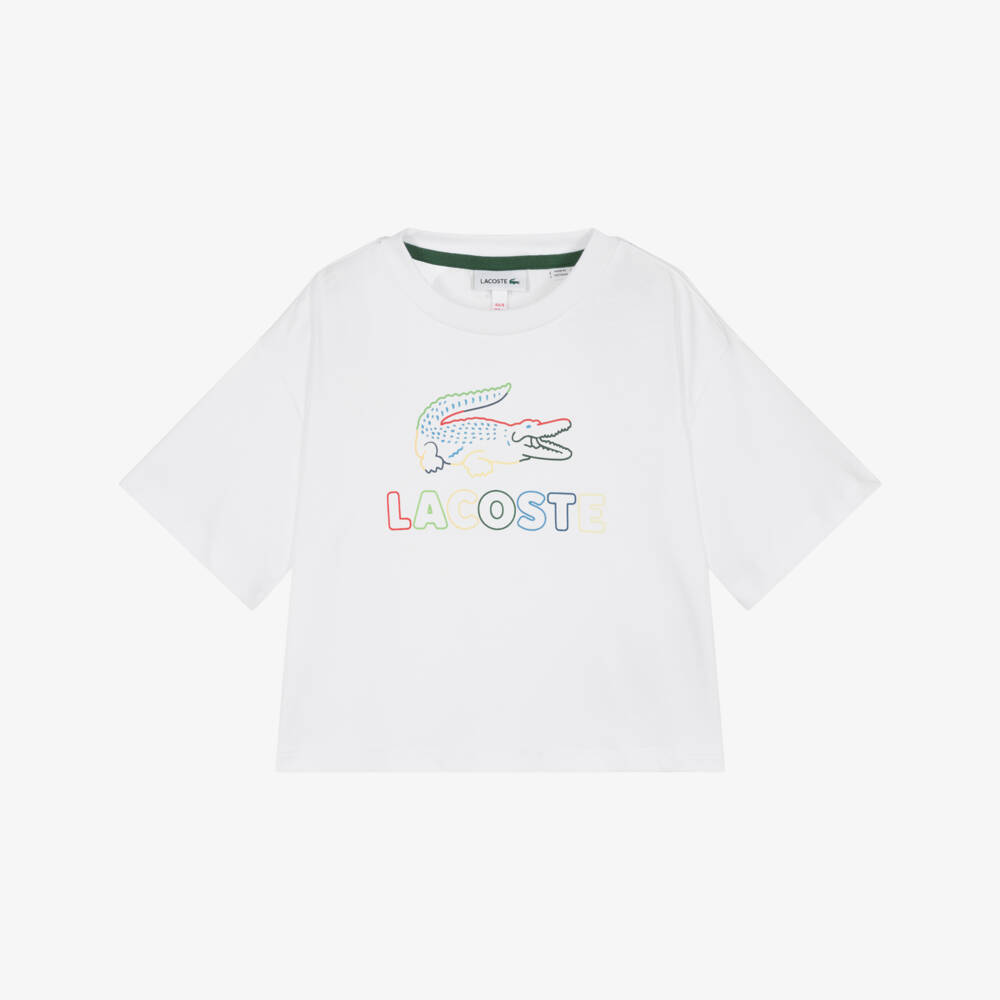 Lacoste-Girls White Cotton T-Shirt with Colourful Logo | Childrensalon Outlet