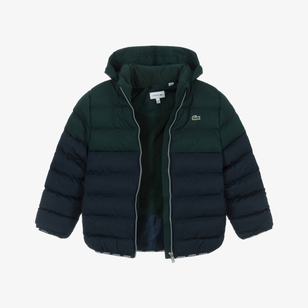 Lacoste-Navy Blue & Dark Green Puffer Jacket with Fold Away Hood | Childrensalon Outlet
