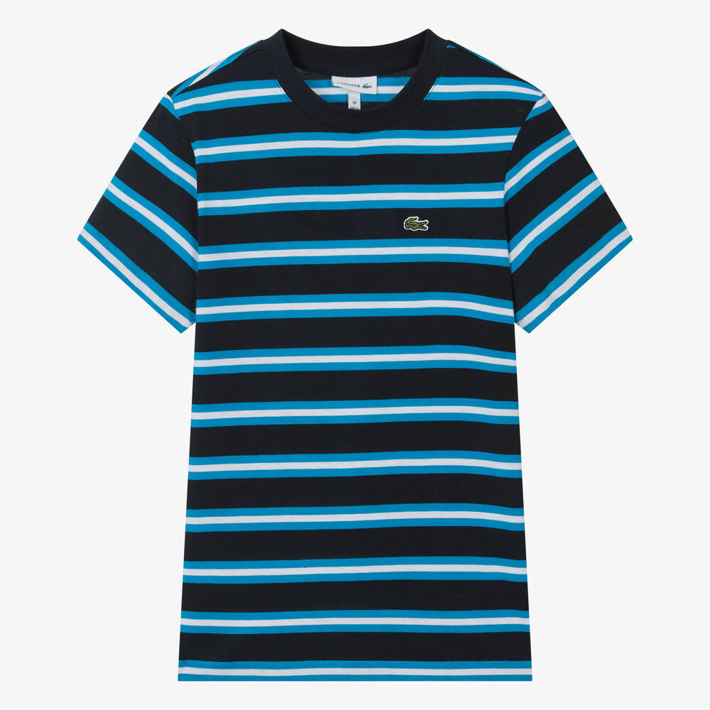 Lacoste - Teen Boys Blue & White Striped Cotton T-Shirt | Childrensalon