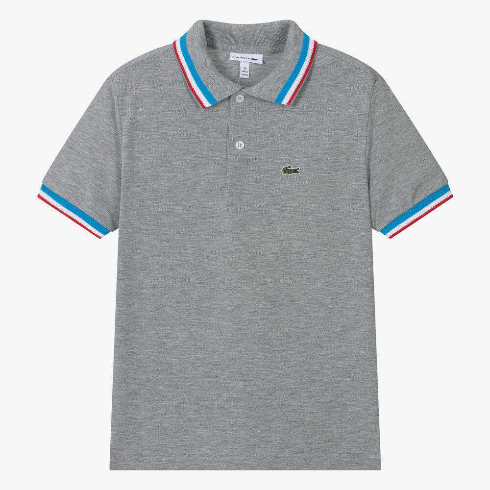 Lacoste - Teen Boys Grey Tricolour Collar Polo Shirt | Childrensalon