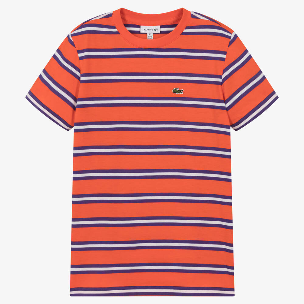 Lacoste - T-shirt orange rayé en coton ado | Childrensalon