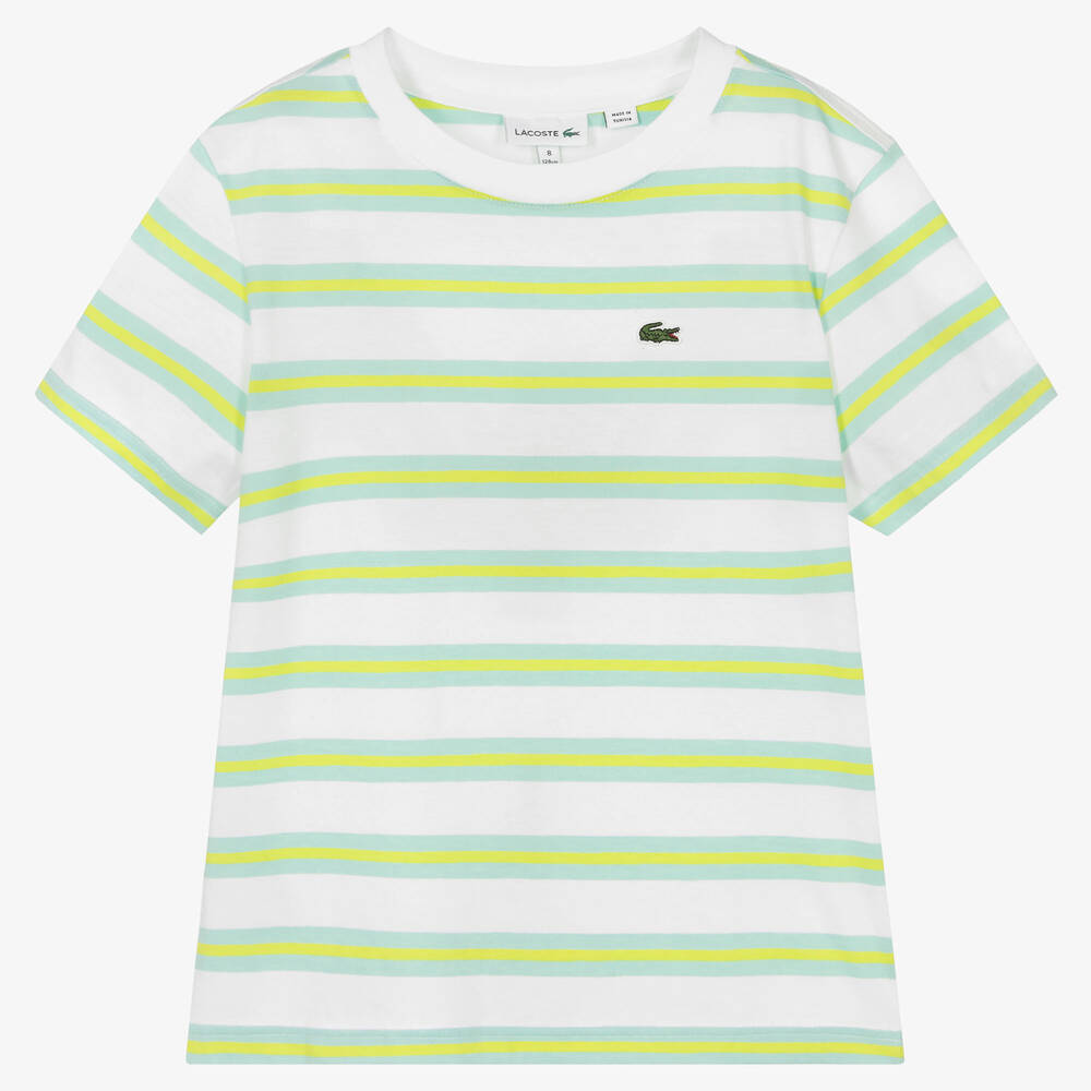 Lacoste - Teen Boys White & Green Striped Cotton T-Shirt | Childrensalon