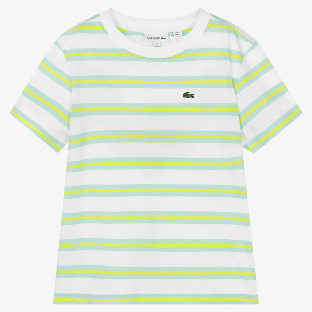 Lacoste-Teen Boys White & Green Striped Cotton T-Shirt | Childrensalon Outlet