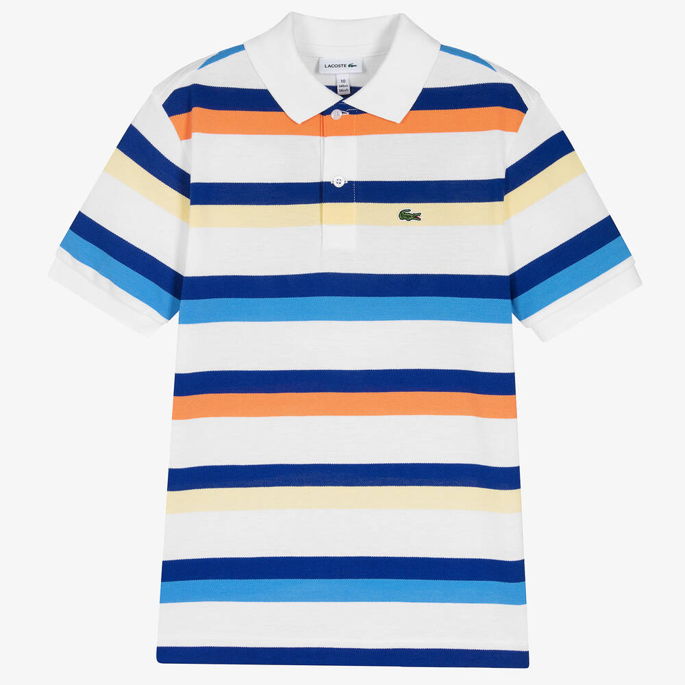 Lacoste - Teen Boys White Striped Polo Shirt | Childrensalon