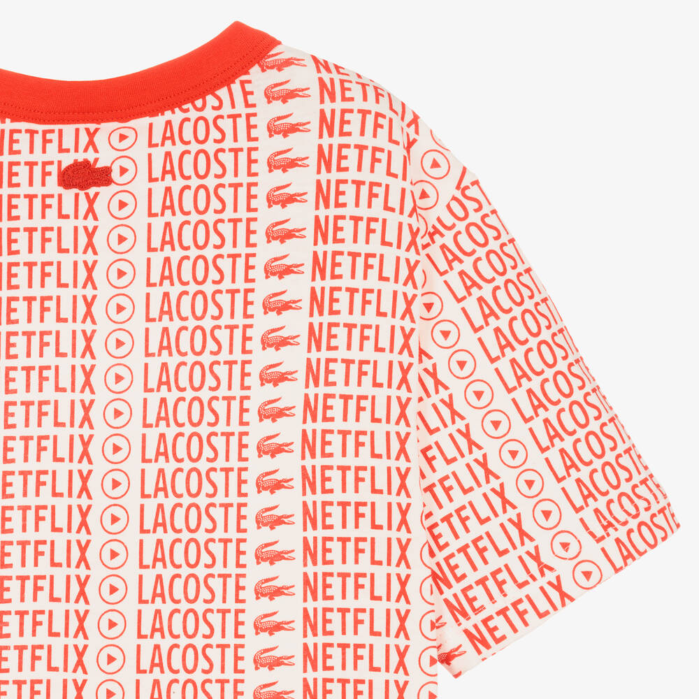 Lacoste-تيشيرت تينز قطن لون أبيض وأحمر | Childrensalon Outlet