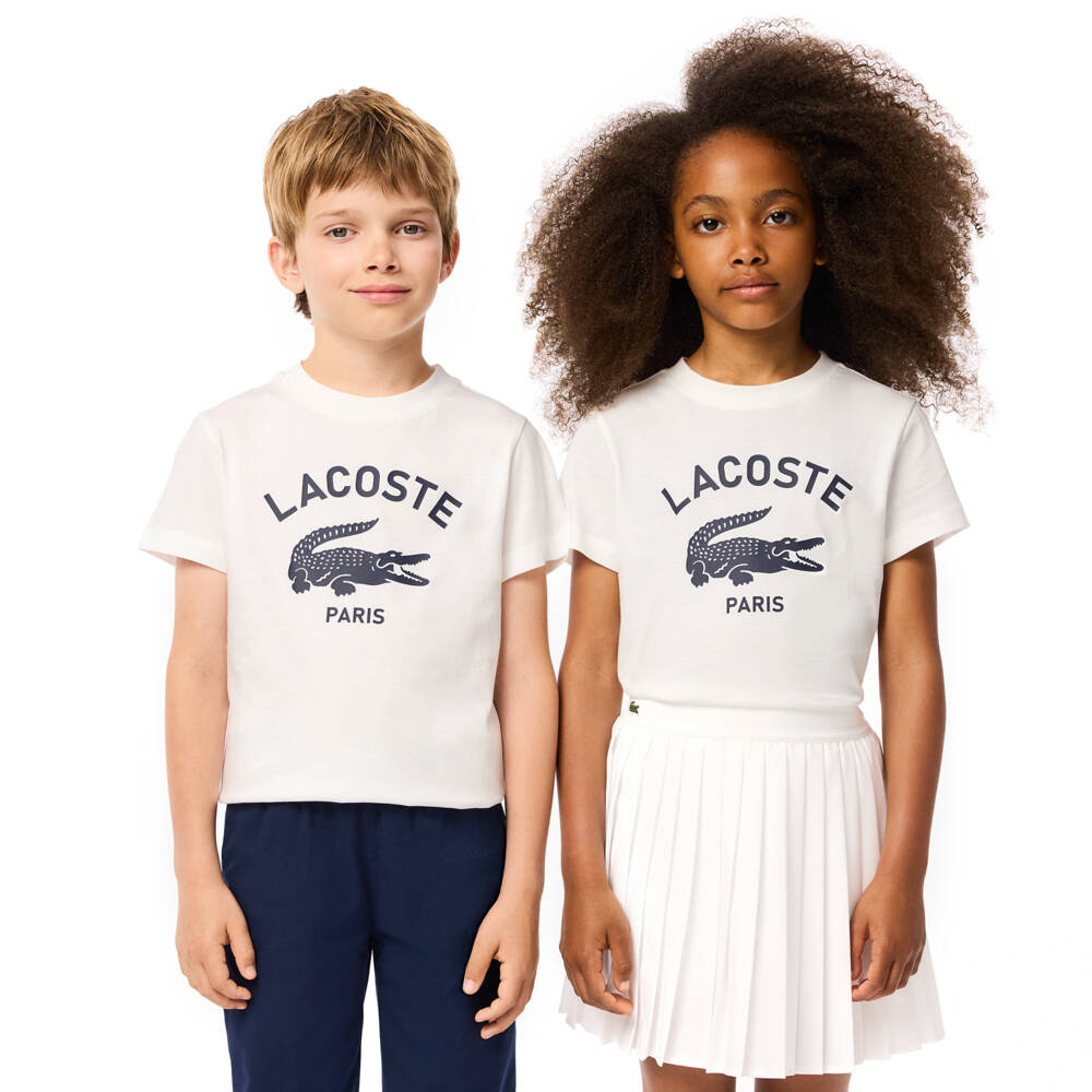 Lacoste-White Organic Cotton & Navy Blue Logo T-Shirt | Childrensalon Outlet