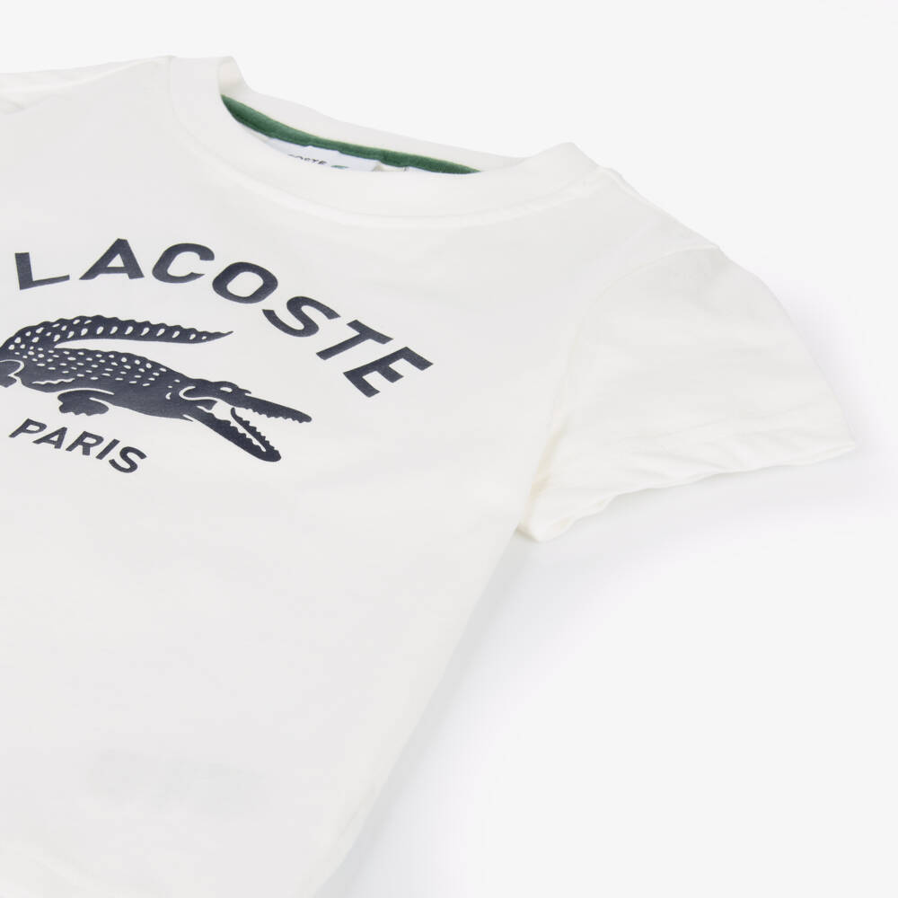 Lacoste-White Organic Cotton & Navy Blue Logo T-Shirt | Childrensalon Outlet
