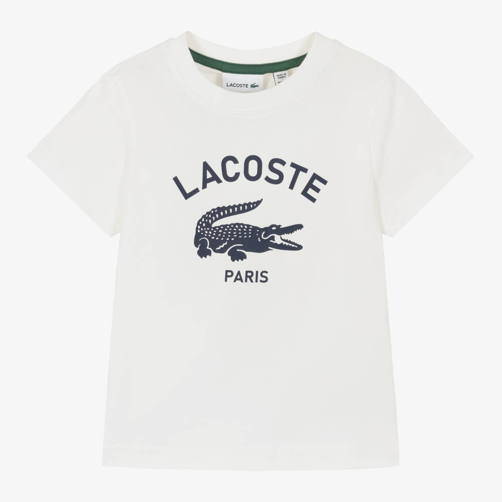 Lacoste-White Organic Cotton & Navy Blue Logo T-Shirt | Childrensalon Outlet