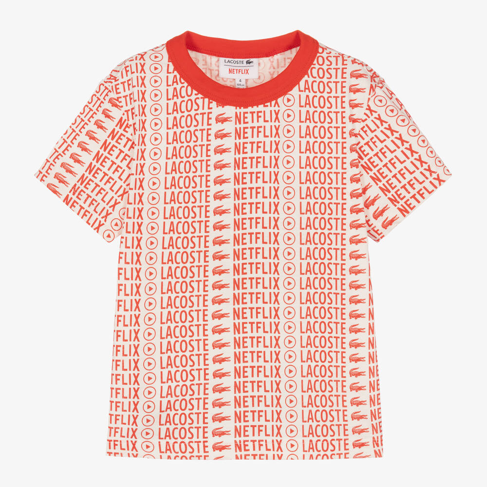 white and red lacoste shirt